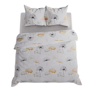 Komplet pościeli GINKO z bawełny satynowej 160x200 jasnoszara w grafitowe pomarańczowe liście miłorzębu