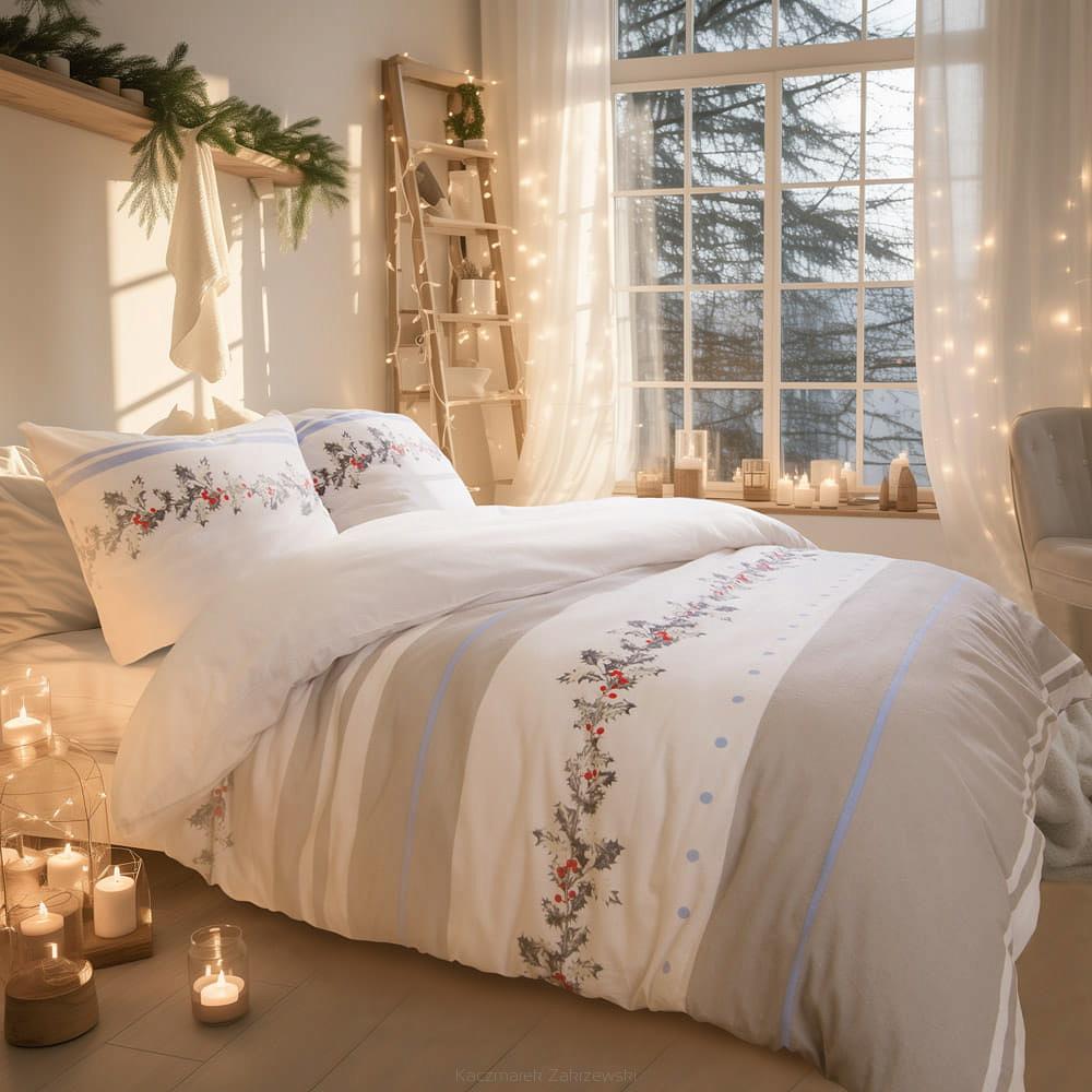Pościel flanelowa 200x220 Darymex świąteczna biała szara ostrokrzew