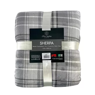 Koc narzuta na łóżko Sherpa 150x200 dwustronny baranek kratka szary