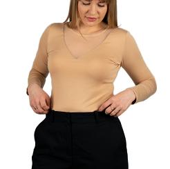 Elegancka bluzka damska z długim rękawem GINGER z tiulowym dekoltem beżowa