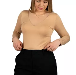 Elegancka bluzka damska z długim rękawem GINGER z tiulowym dekoltem beżowa