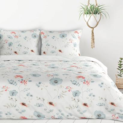 Pościel INES 160x200 Design91 biała błękitna w łąkowe kwiaty