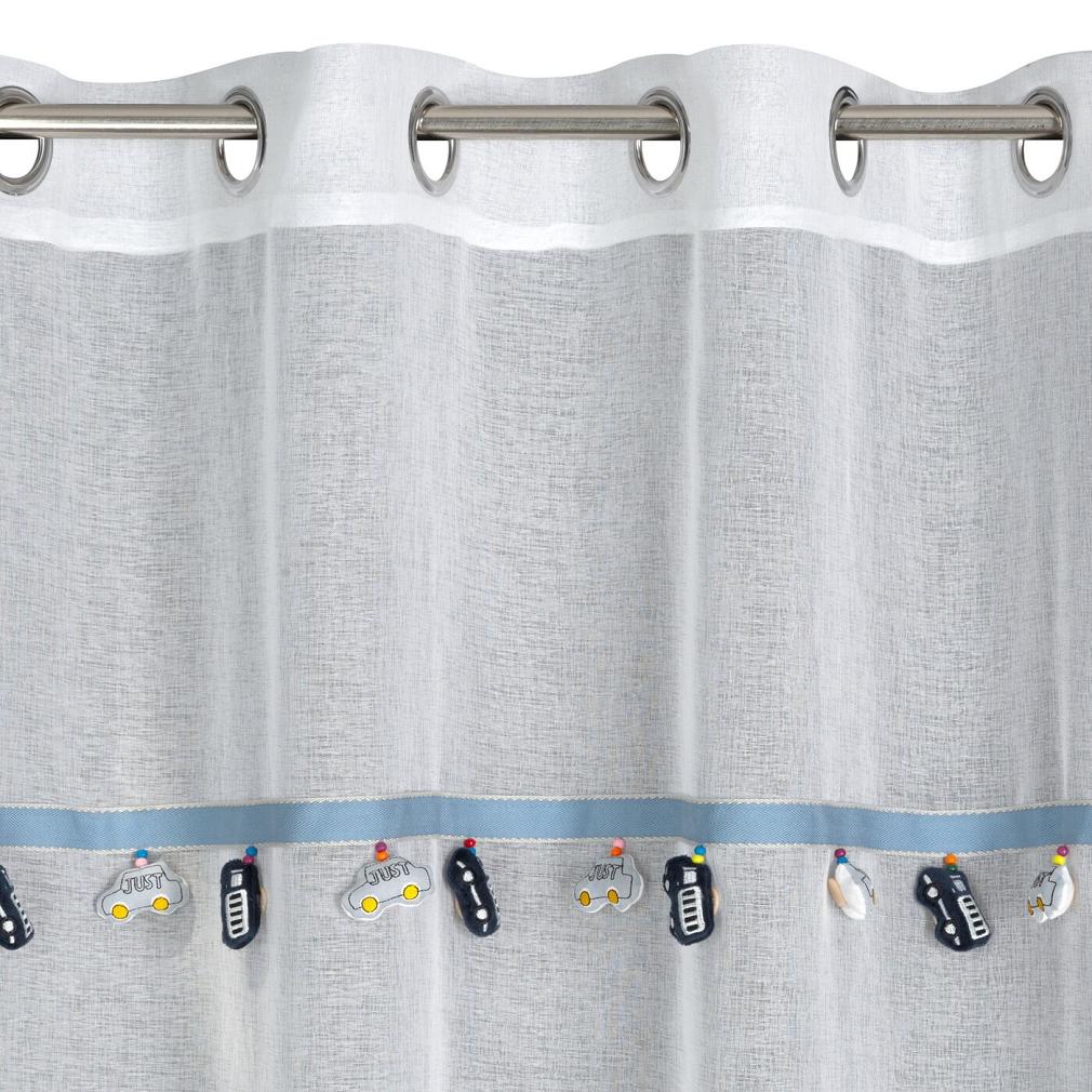 Firana gotowa na przelotkach CAR Eurofirany biała ozdobiona taśmą z samochodzikami