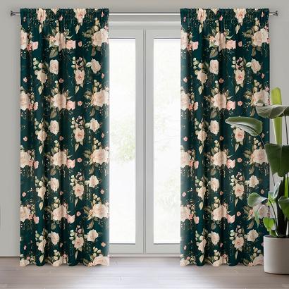 Zasłona gotowa na taśmie ROSE 135x270 Eurofirany ciemnozielona w róże