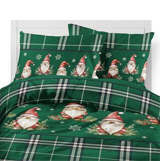 Pościel flanelowa świąteczna 220x200 zielona skrzaty krata