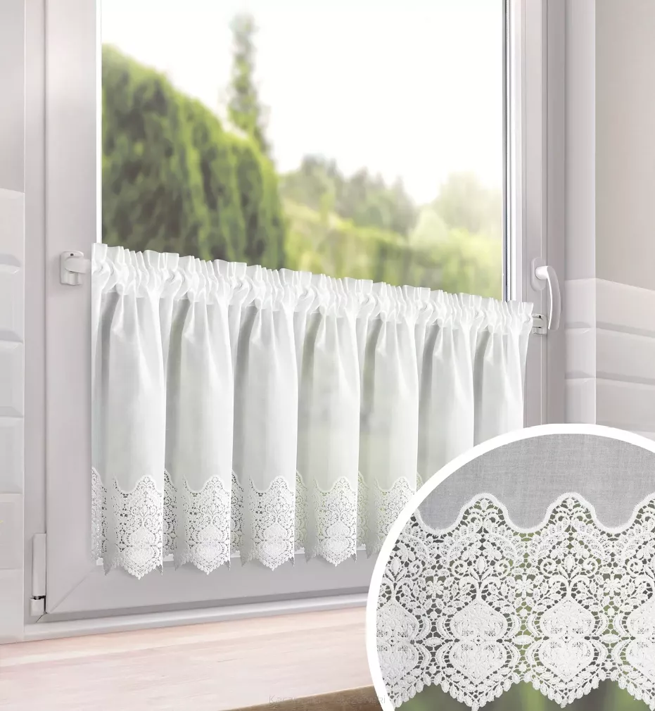 Zazdrostka gotowa na taśmie SOLA 150x40 Eurofirany biała bawełniana fantazyjny haft na dole