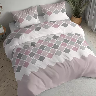 Pościel flanelowa 160x200 pudrowa biała szara geometryczna mozaika