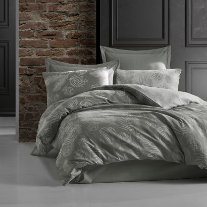 Pościel bawełniana BAHAMA GREY 220x200 COTTONLOVE JACQUARD szara wzór liści