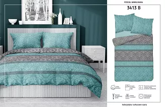 Pościel bawełniana 200x220 Detexpol turkusowa szara + kwiecisty ornament