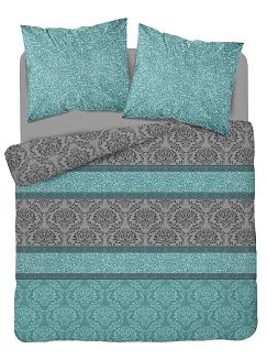 Pościel bawełniana 200x220 Detexpol turkusowa szara + kwiecisty ornament