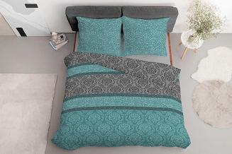 Pościel bawełniana 200x220 Detexpol turkusowa szara + kwiecisty ornament