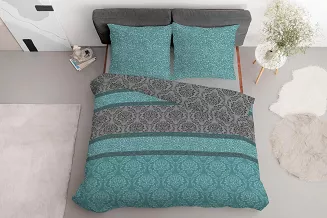 Pościel bawełniana 200x220 Detexpol turkusowa szara + kwiecisty ornament