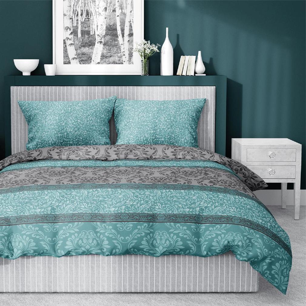 Pościel bawełniana 200x220 Detexpol turkusowa szara + kwiecisty ornament