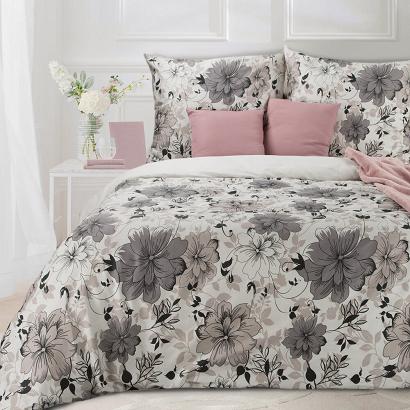 Pościel satynowa SPRING 200x220 Eurofirany  biała grafitowe beżowe czarne kwiaty