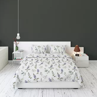 Pościel flanelowa 160x200 biała niebieskie kwiaty łubinu