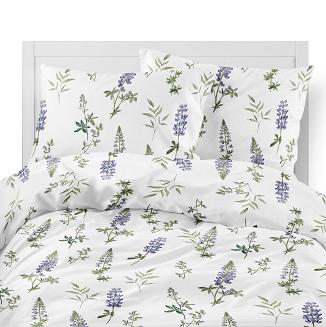 Pościel flanelowa 160x200 biała niebieskie kwiaty łubinu