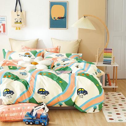 Pościel dla dzieci 160x200 kremowa zielona pomarańczowa urocze samochodziki