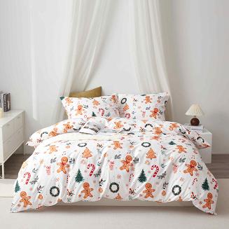 Biała Świąteczna Pościel z Mikrofibry z Nadrukiem 160x200 Gingerbread