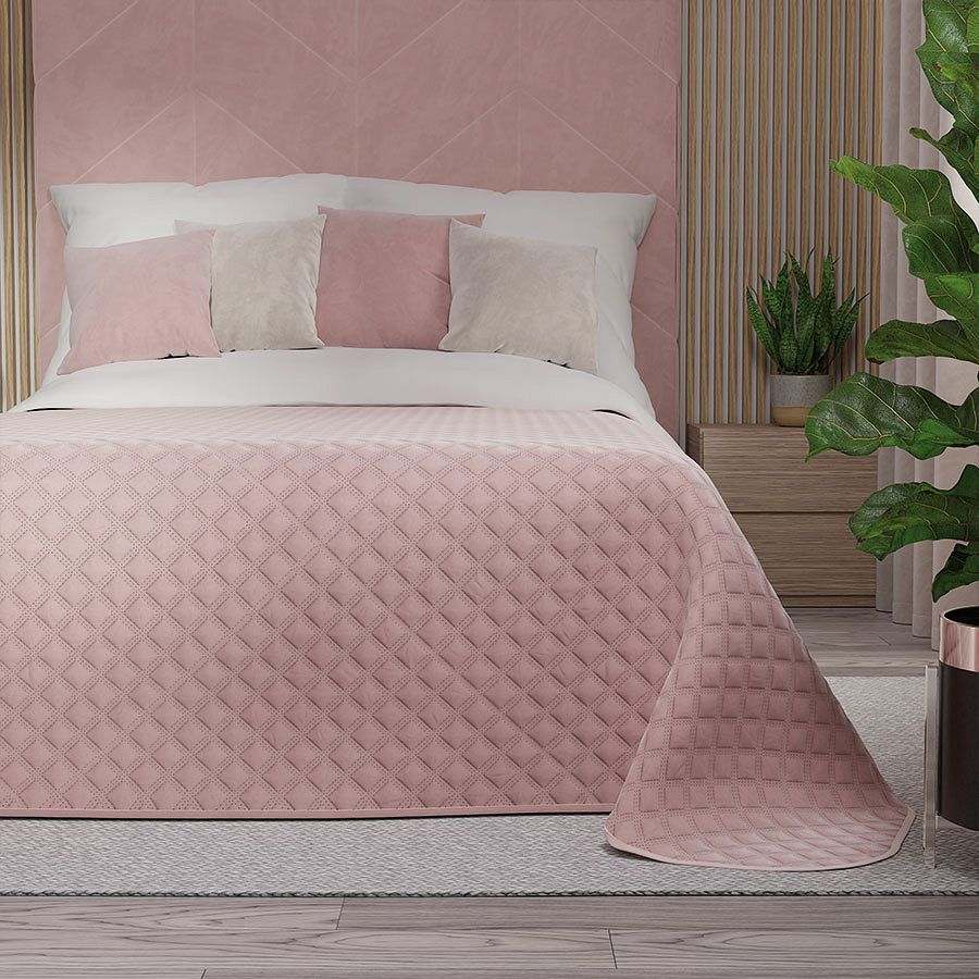 Narzuta dekoracyjna VELVI 170x210 pikowana w geometryczny wzór jasnoróżowa