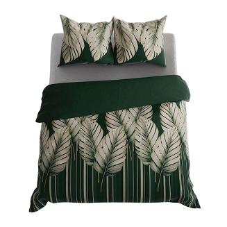 Komplet pościeli TROPICANA z bawełny satynowej 220x200 zielona beżowa paski duże palmowe liście