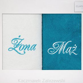 Komplet ręczników 2 szt. 50x90 Eurofirany Mąż-Żona biały ciemny turkusowy