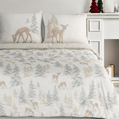Komplet pościeli świąteczny FAWN 220x200 Eurofirany biały beżowy sarny w zimowym lesie