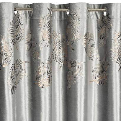 Zasłona gotowa na przelotkach IDALIA 140x250 Eurofirany srebrna nadruk w złote piórka