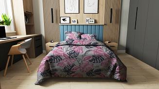 Pościel z kory 160x200 fioletowa monstery na szarym tle