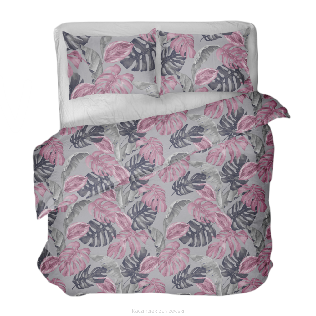 Pościel z kory 160x200 fioletowa monstery na szarym tle