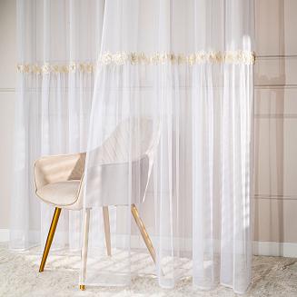 Firana gotowa na przelotkach ISEN 140x250 biała beżowe kwiatki z perełkami