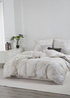 Biała Pościel Vintage z Nadrukiem Satyna Bawełniana 140x200 z Beżową Lamówką Biza