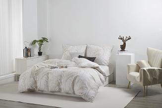 Biała Pościel Vintage z Nadrukiem Satyna Bawełniana 140x200 z Beżową Lamówką Biza