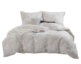 Pościel satyna bawełniana VINTAGE 140x200 biała beżowa nadruk palmowy gaj lamówka biza