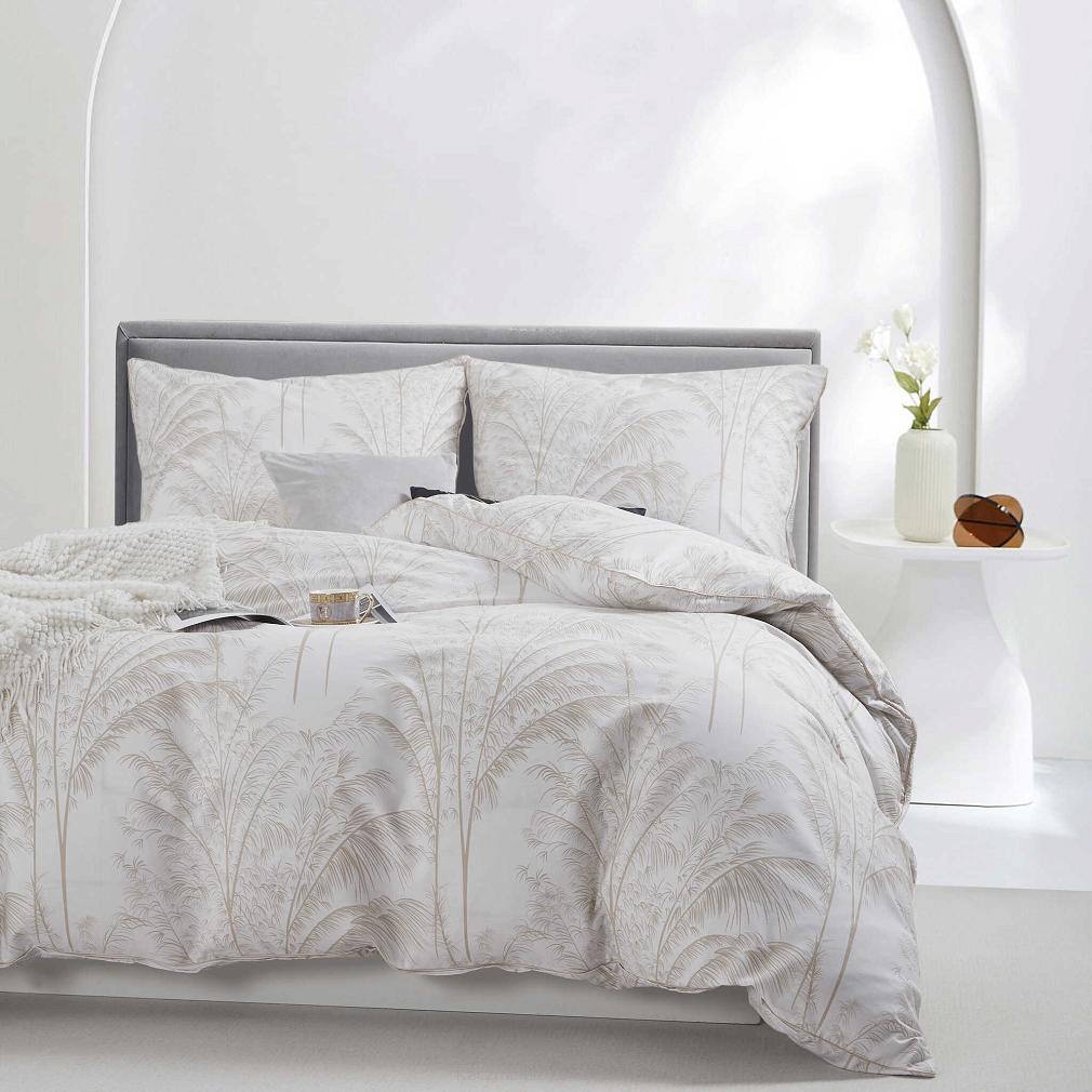 Biała Pościel Vintage z Nadrukiem Satyna Bawełniana 140x200 z Beżową Lamówką Biza