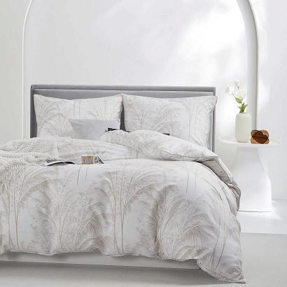 Pościel satyna bawełniana VINTAGE 140x200 biała beżowa nadruk palmowy gaj lamówka biza