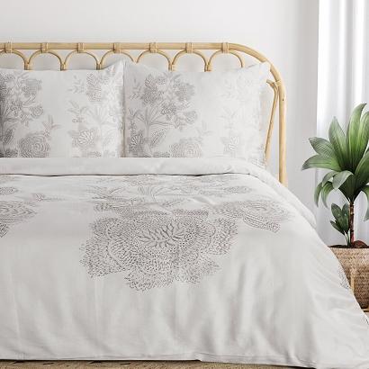 Pościel satynowa PREMIUM27 220x200 Eurofirany biała brązowa kwiatowy wzór a'la haft