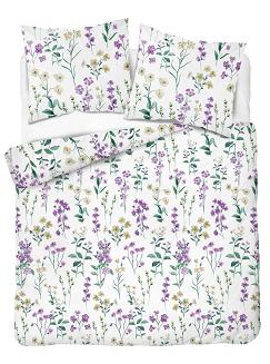 Pościel flanelowa 160x200 biała fioletowe beżowe polne kwiaty