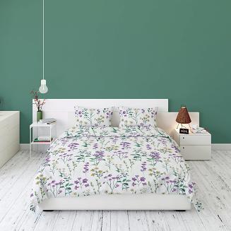 Pościel flanelowa 160x200 biała fioletowe beżowe polne kwiaty