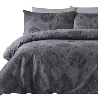 Pościel bawełniana LEAF 200x220 grafitowa szara w liście