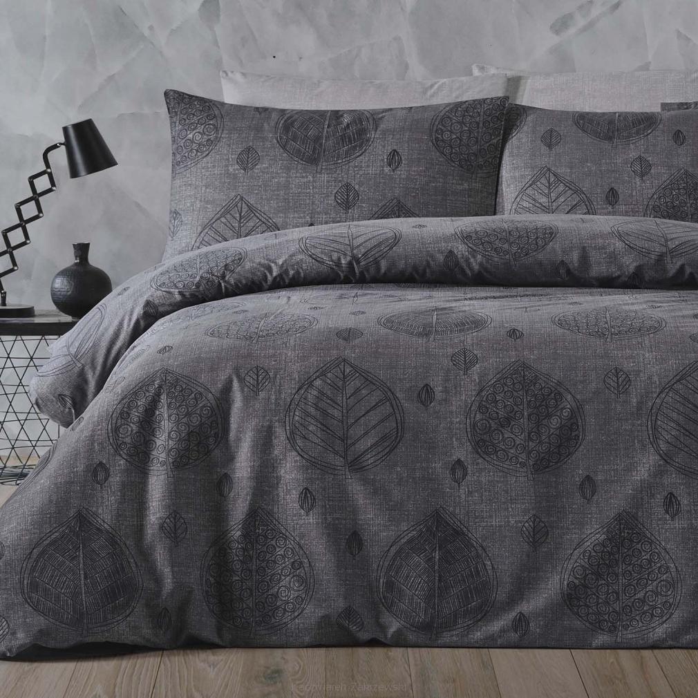 Pościel bawełniana LEAF 200x220 grafitowa szara w liście