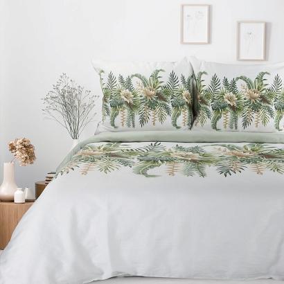 Pościel satynowa SPRING 200x220 Eurofirany biała miętowa egzotyczne liście kwiaty