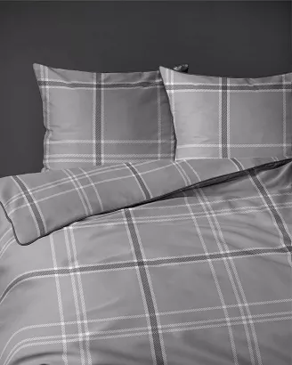 Pościel z perkalu Lamé Percale 220x200 szara w kratę ozdobna lamówka biza