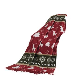 Koc bawełniano-akrylowy 150x200 świąteczny czerwony renifery choinki śnieżynki