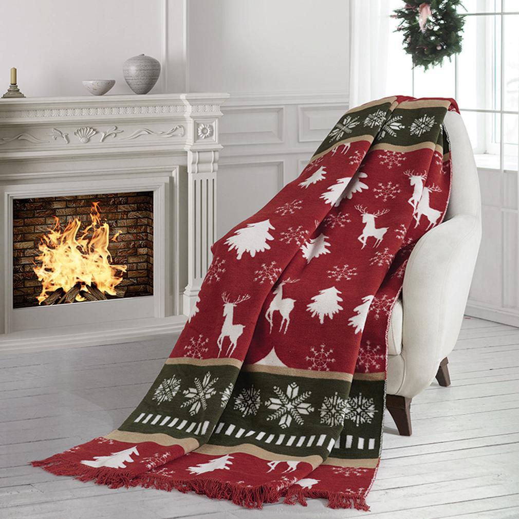 Koc bawełniano-akrylowy 150x200 świąteczny czerwony renifery choinki śnieżynki