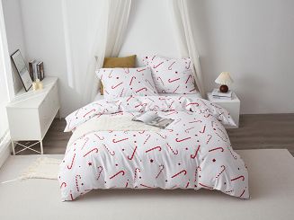 Biała Pościel Świąteczna Satyna Bawełniana z Nadrukiem 140x200 Candycanes