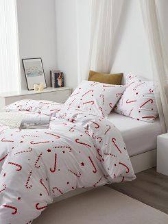 Biała Pościel Świąteczna Satyna Bawełniana z Nadrukiem 140x200 Candycanes
