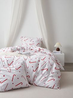 Biała Pościel Świąteczna Satyna Bawełniana z Nadrukiem 140x200 Candycanes