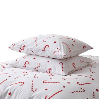 Pościel świąteczna satyna bawełniana Candycanes 140x200 biała czerwone cukrowe laski gwiazdki