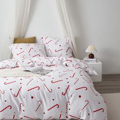 Biała Pościel Świąteczna Satyna Bawełniana z Nadrukiem 140x200 Candycanes