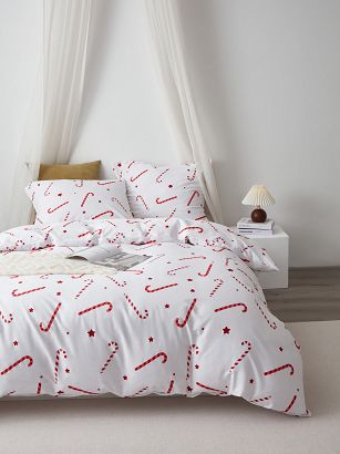 Pościel świąteczna satyna bawełniana Candycanes 140x200 biała czerwone cukrowe laski gwiazdki